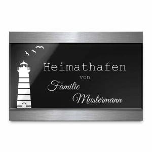 Modernes Acrylschild mit Gravur und Edelstahl Rahmen in 12×8 cm