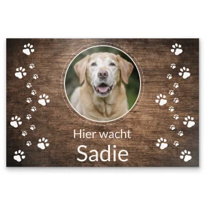 Vorsicht Hund Schild mit Holzoptik aus Alu Dibond mit Foto